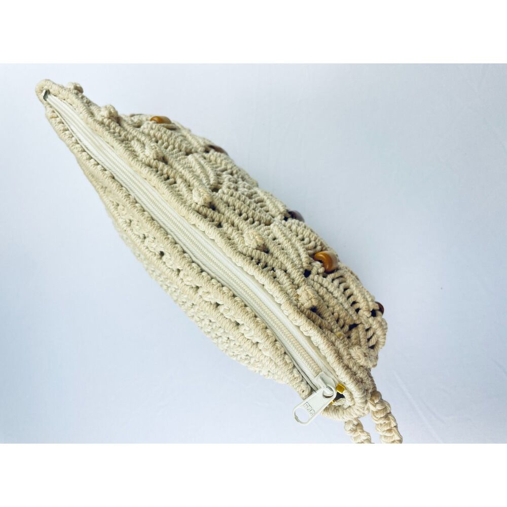 ~ Boho Macrame Wristlet Bag Clutch Purse Festival Cream Wood Beads Handbag - Picture 3 of 13